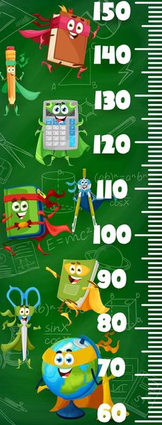 Kids height chart ruler. Cartoon school superhero characters. Kids height vector scale or meter with book, pencil, calculator and copybook, scissors, globe school supplies defender funny personages - Vector, Image