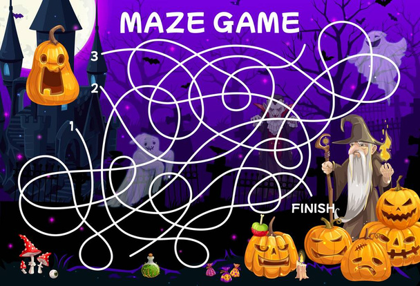 Labyrinth maze. Help to sorcerer find a Halloween pumpkin lantern. Child labyrinth puzzle or maze riddle vector worksheet with Halloween Jack o lantern, sorcerer character and Dracula vampire castle - Vector, Image