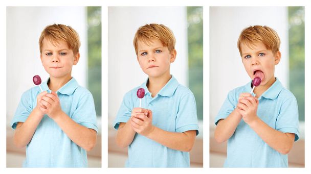 Loving this lolly. Composite shot of an adorable little boy eating a lollipop - Foto, imagen