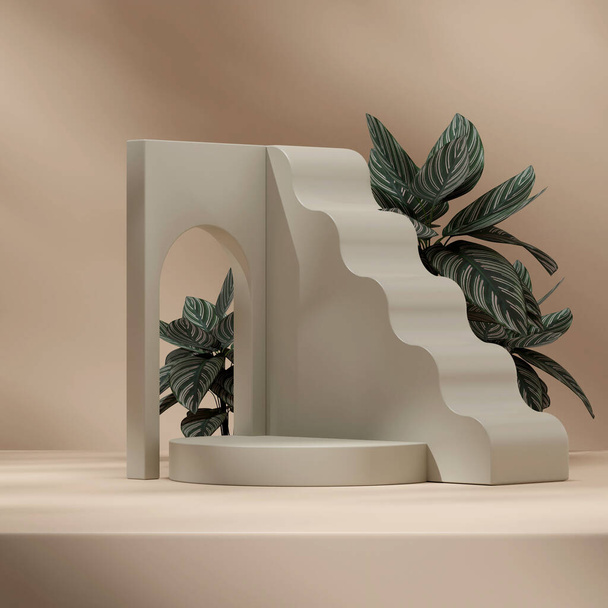 3d rendering mockup in square layout product podium with gobo light and pink stripe calathea - Photo, Image