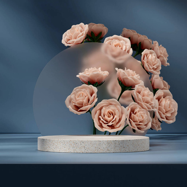 3d rendering mockup template pink rose bouquet and terrazzo podium in square layout image - Photo, Image