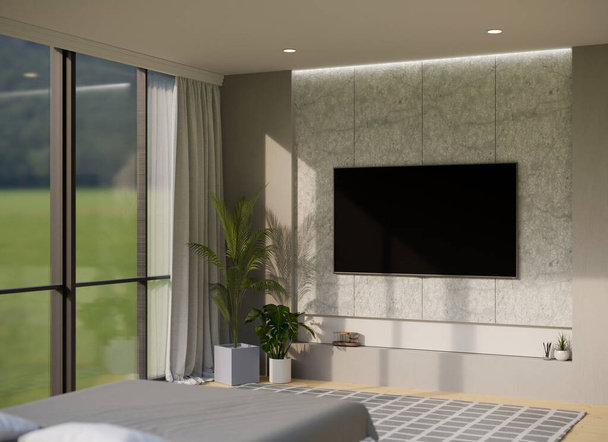 Design de interiores moderno quarto de luxo com cama confortável, plantas interiores, vidro grande janela, e TV tela preta mockup na parede de pedra de mármore. renderização 3d, ilustração 3d - Foto, Imagem
