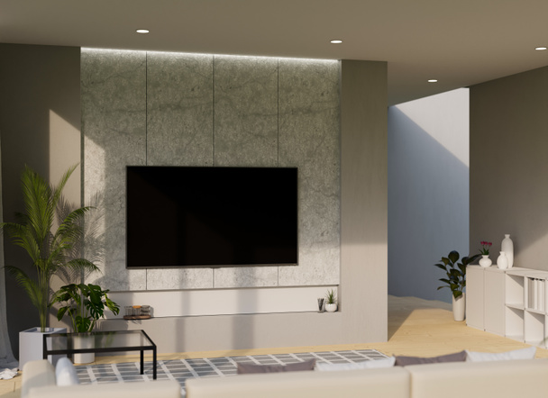 Modern rahat oturma odası iç tasarımı rahat kanepe, kahve masası, kapalı salonda bitkiler, modern mermer taş duvarda dekor ve televizyon siyah ekranı. 3d görüntüleme, 3d illüstrasyon - Fotoğraf, Görsel