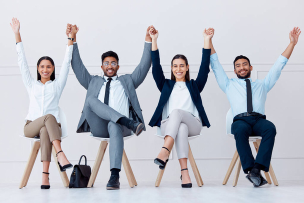 Celebration, success and recruitment business people in waiting room for we are hiring, Human Resources job or career opportunity. Corporate worker winning gesture for goals, mission and motivation. - Φωτογραφία, εικόνα