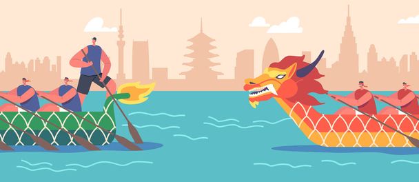 Rowing Competitions, Sport. Athletes Swim On Dragon Boats, Two Teams of Men Athletes In Sportswear Rowing Oar Compete for Victory in Race or Water Games Tournament. Cartoon Vector Illustration - Vector, Image