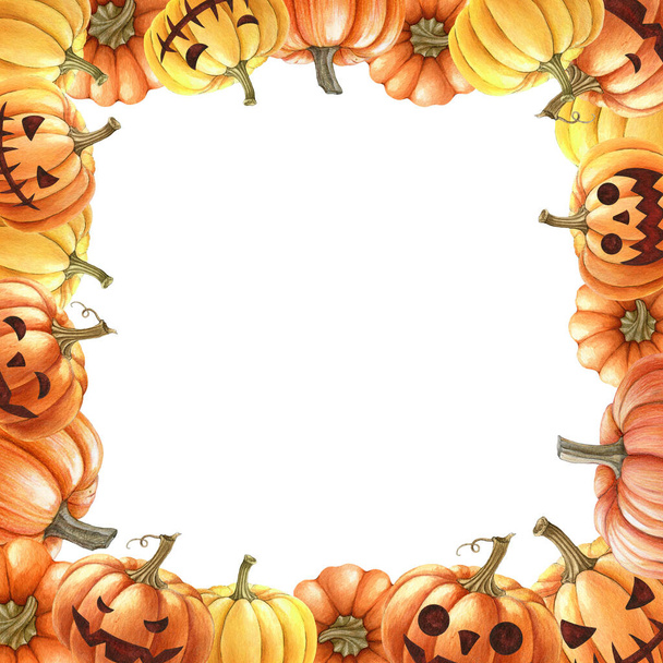 Halloween kurpitsa pelottava kasvot neliön runko. Vesivärikuvitus. Halloween koristelu runko oranssi ja keltainen kirkas kurpitsat, pelottava kasvot, hymyilee. Valkoinen tausta. - Valokuva, kuva