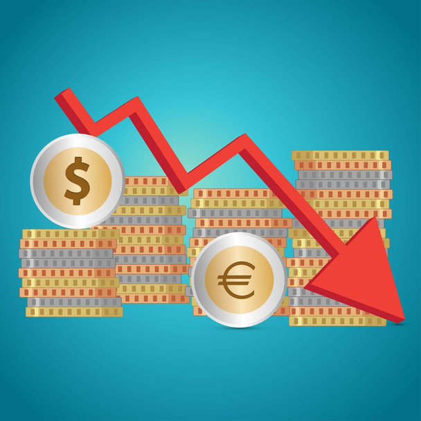 Euro and dollar coins with a red down arrow, recession concept - Vector, Image