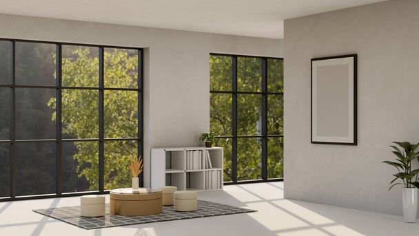 Modernes, urbanes und komfortables Wohnzimmerdesign mit Couchtisch, Hockern, Bücherregal, Zimmerpflanzen, großem Fenster und Rahmen-Attrappe an weißer Wand. 3D-Darstellung, 3D-Illustration - Foto, Bild