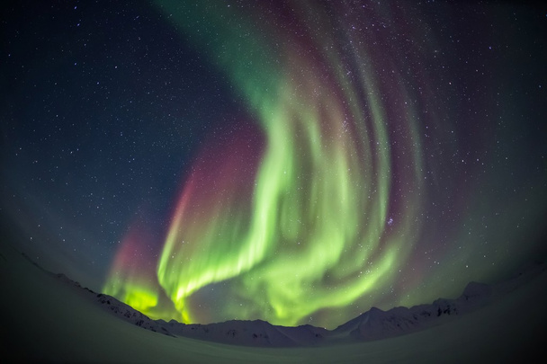 Lumières nordiques extraordinaires et colorées à travers le ciel arctique de Spitzberg - paysage hivernal
 - Photo, image