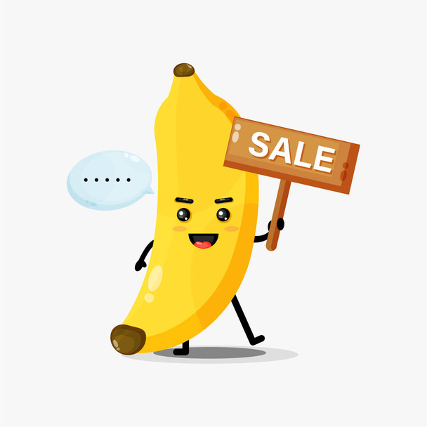 Χαριτωμένη μασκότ μπανάνα με μια πινακίδα πώλησης - Διάνυσμα, εικόνα