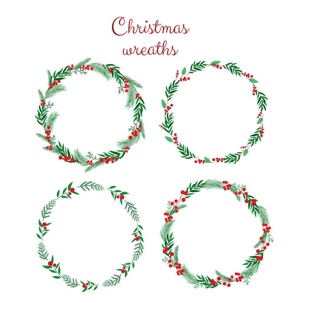 Christmas vector illustration of floral wreath set isolated on white background. Circle frame of season greeting card. - Vector, Image