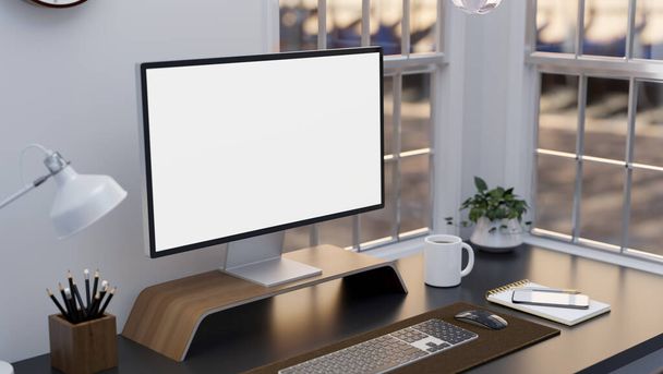 Minimal white office desk with blank PC desktop computer mockup and office supplies on the table against the white wall. 3d rendering, 3d illustration - Fotoğraf, Görsel