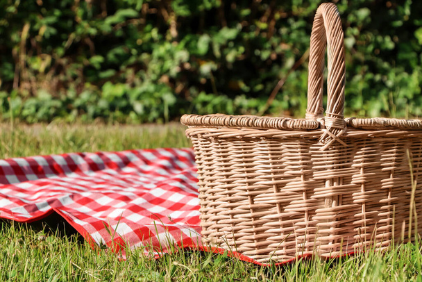 Picnic basket with checkered tablecloth on green grass outdoors, space for text - Fotó, kép