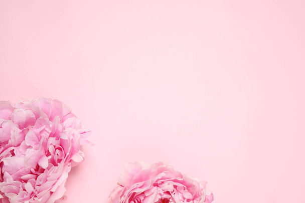 Mooie frisse pioenrozen op roze achtergrond, plat gelegd. Ruimte voor tekst - Foto, afbeelding