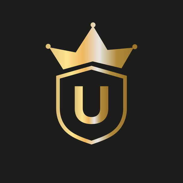 Shield Crown Logo On Letter U Vector Symbol With Elegant Gold Color - Vector, imagen