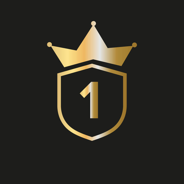 Shield Crown Logo On Letter 1 Vector Symbol With Elegant Gold Color - Vecteur, image