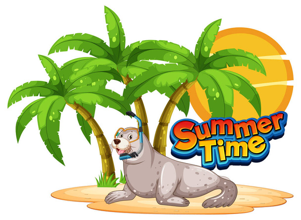Seal cartoon character with summer time word illustration - Vektori, kuva