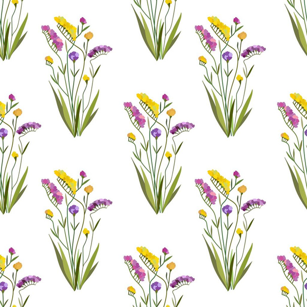Bright bouquets of statica flowers. Floral seamless pattern with limonium on the white background. Summer dried flowers.  - Vektor, kép