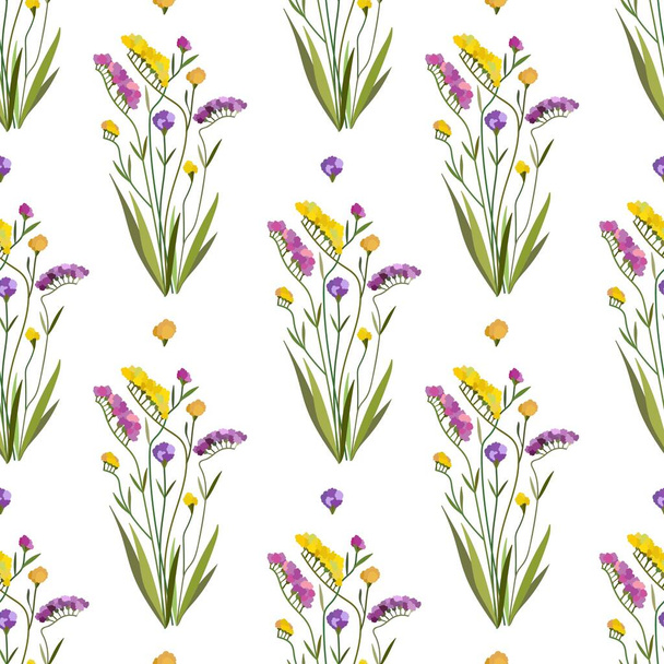 Seamless pattern with purple statica flowers and leaves. Lilac buds of Limonium. Springtime in the garden. Beautiful vector background. - Vector, Image