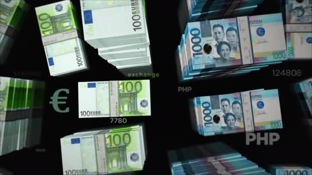 ユーロとフィリピンペソの両替。紙幣パックバンドル。貿易、経済、競争、危機、銀行と金融の概念。ノートループ可能なシームレス3Dアニメーション. - 映像、動画