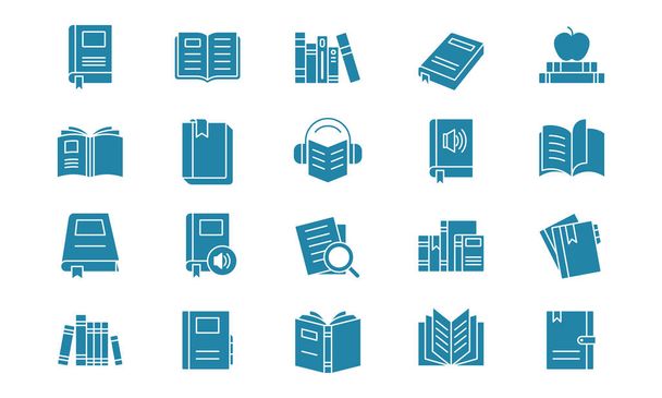 本と文学のアイコンパックはグリフスタイルです。教育アプリ、電子ブック、オーディオブック学習文学プログラムシンボルの設計要素に適しています. - ベクター画像