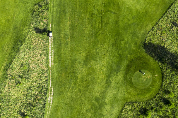 Vue de dessus d'un terrain de golf vert avec de l'herbe et des arbres magnifiquement coupés. - Photo, image