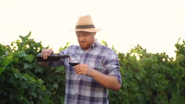 Autentický zblízka záběr šťastného úspěšného samčího vinaře ochutnává chuť a kontroluje kvalitu červeného vína nalitého v průhledném skle na pozadí vinic při západu slunce. Vysoce kvalitní 4K záběry - Záběry, video