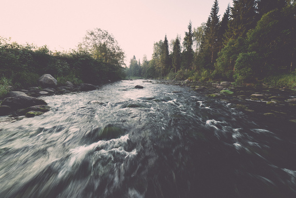 mountain river in summer surrounded by forest - vintage retro - Photo, Image