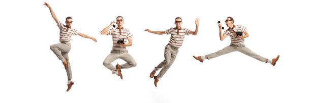 Collage. Jonge man in stijlvolle retro kleding springen, presteren geïsoleerd over witte achtergrond. Ballet bewegingen van zakelijke personen. Concept van het bedrijfsleven, kantoor levensstijl, succes, ballet, carrière, advertentie - Foto, afbeelding
