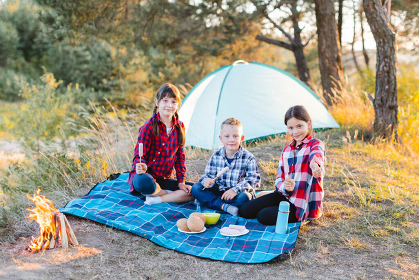 A cheerful company of two girls and a boy on a picnic in the middle of the forest. Children hold sausages on skewers to roast on the fire and have fun in nature. - Photo, Image