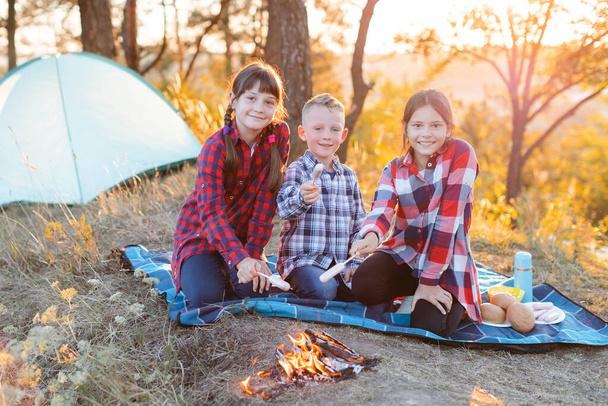 Wesołe towarzystwo dwóch dziewczyn i chłopca na pikniku w środku lasu. Dzieci smażą kiełbaski na ognisku, jedzą bułeczki i bawią się na łonie natury - Zdjęcie, obraz
