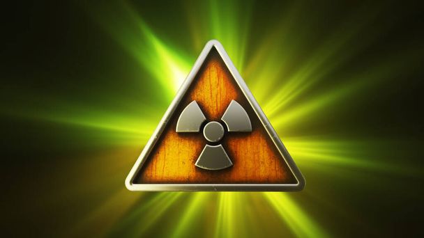 3D-Renderanimation des radioaktiven Gefahrensymbols in einem Dreieck auf grünem Hintergrund, das die Gefahr nuklearer Kontamination darstellt. - Foto, Bild