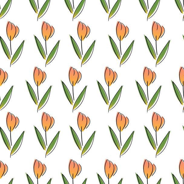 Hand drawn seamless pattern of orange flowers isolated on white background. - Vector, imagen