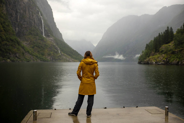People, children enjoying the amazing views in Norway to fjords, mountains and other beautiful nature miracles - 写真・画像