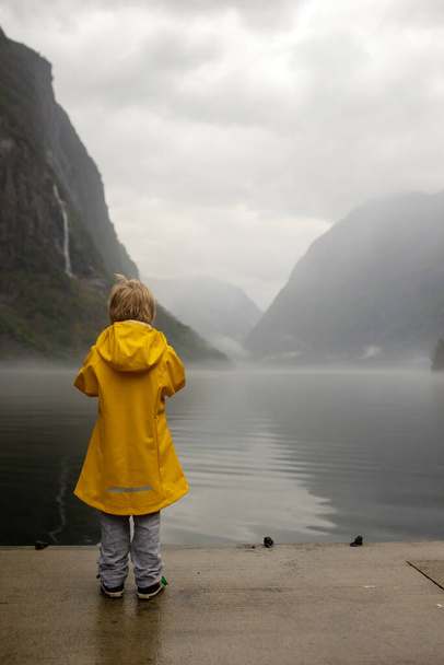 People, children enjoying the amazing views in Norway to fjords, mountains and other beautiful nature miracles - Foto, imagen