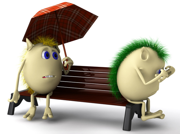 Dois fantoches infelizes sentados no banco marrom
 - Foto, Imagem