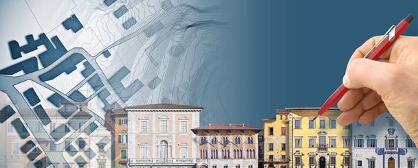 Architekt nebo inženýr kreslí panorama starého města s obytnou budovou přes imaginární katastrální mapu - Fotografie, Obrázek