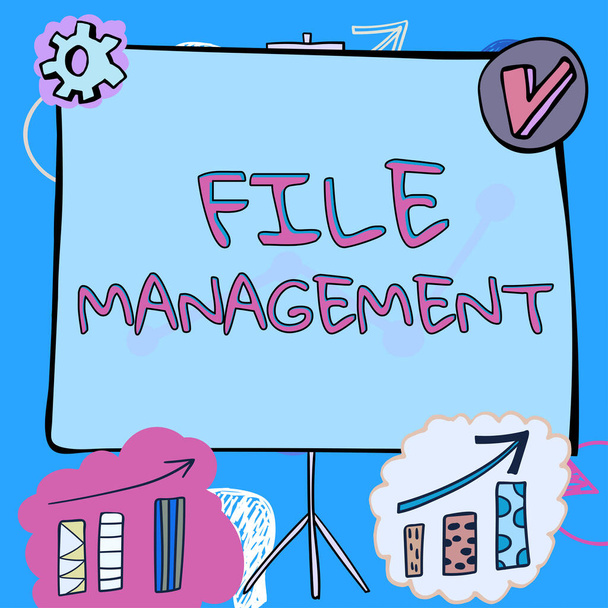 Inspiraatio osoittaa merkki File Managementcomputer ohjelma, joka tarjoaa käyttöliittymän hallita tietoja, Concept eli tietokoneohjelma, joka tarjoaa käyttöliittymän hallita tietoja - Valokuva, kuva