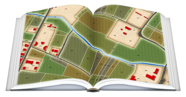 Echte geopende boek met denkbeeldige kadastrale en stadsplattegrond met gebouwen, perceel en leegstaand perceel - concept geïsoleerd op wit voor eenvoudige selectie - Foto, afbeelding