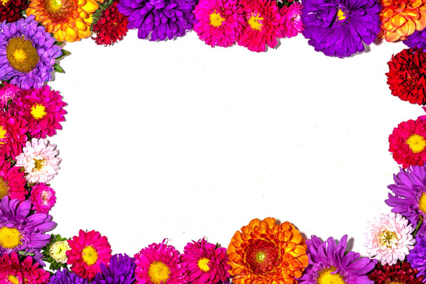 秋の花は背景を平らにします。カラフルな菊の花束、牡丹(オレンジ、紫、黄色、赤)白の背景に花、グリーティングカードのフレームの境界線テキストのトップビューのコピースペース - 写真・画像