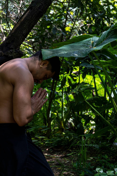 młody człowiek, uprawiający jogę lub reiki, w lesie bardzo zielona roślinność, w Meksyku, Guadalajara, bosque colomos, latynoski, Ameryka Łacińska - Zdjęcie, obraz