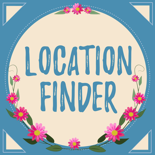 Подпись под текстом, представляющая сервис Location FinderA, позволяющий найти адрес выбранного места, бизнес-концепцию Служба, позволяющая найти адрес выбранного места - Фото, изображение