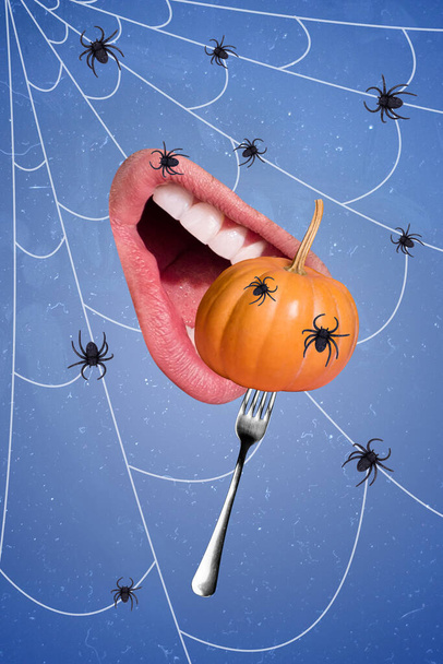Vertical creative collage image of human mouth teeth bite fork hold pumpkin little spiders web isolated on drawing background. - Photo, Image
