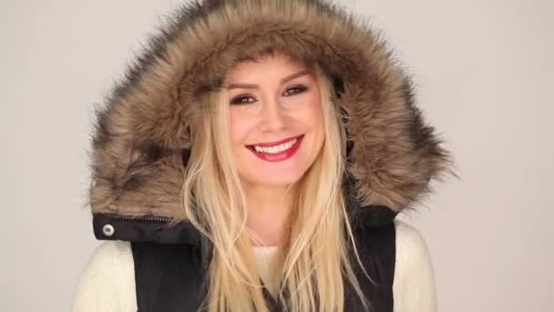 Pretty Woman in Fashion with Furry Hood - Footage, Video