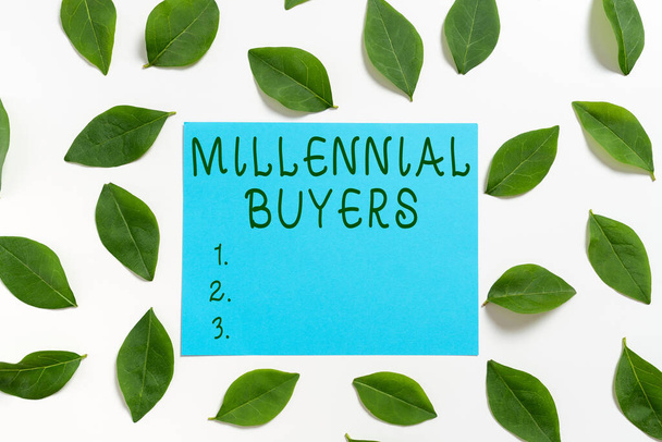 Znak tekstowy pokazujący Millennial BuyersType konsumentów, którzy są zainteresowani trendowanymi produktami, Concept meaning Typ konsumentów, którzy są zainteresowani trendowanymi produktami - Zdjęcie, obraz