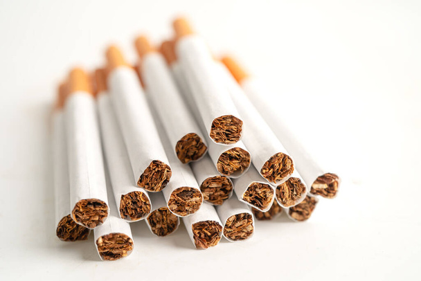 Cigarette, tobacco in roll paper with filter tube isolated on white background, No smoking concept. - Fotoğraf, Görsel