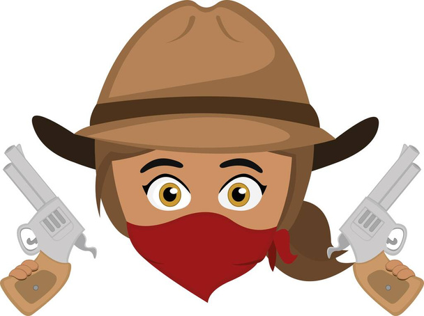 Εικονογράφηση διάνυσμα του emoticon μιας γυναίκας cowboy ληστής από τα δυτικά, με ένα καπέλο, ένα μαντήλι καλύπτει το πρόσωπό του και τα όπλα στα χέρια του - Διάνυσμα, εικόνα