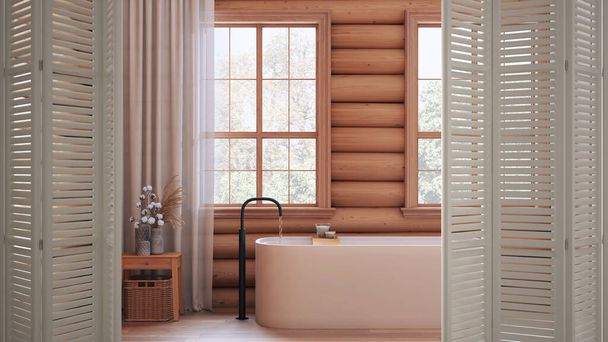 White folding door opening on wooden log cabin bathroom with bathtub, rustic interior design, architect designer concept - Photo, Image