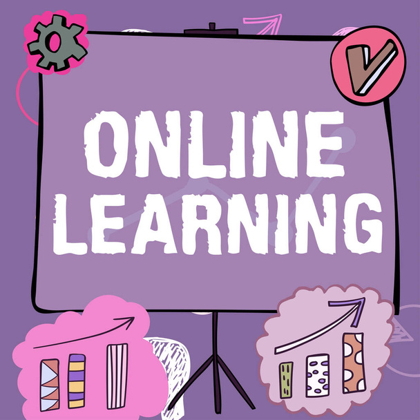 Teksti merkki osoittaa Online LearningLarning avustuksella Internetin ja tietokoneen, Word Kirjoitettu Larning avustuksella Internetin ja tietokoneen - Valokuva, kuva