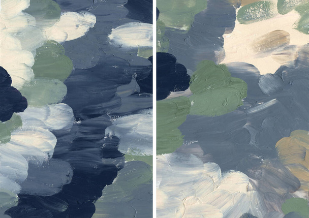 Texturas abstractas de otoño acrílicas de manchas azules, blancas y grises. Ilustración pastel pintada a mano aislada sobre fondo blanco. Para diseño, impresión, tela o fondo - Foto, imagen